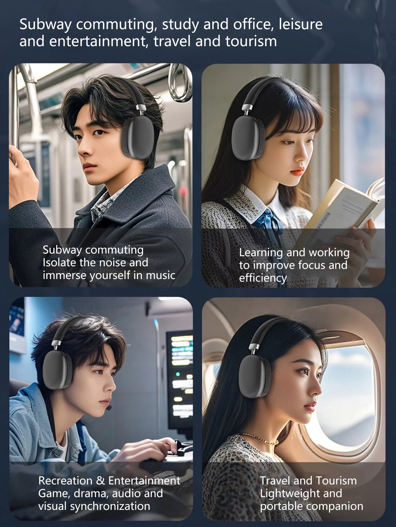 Wireless Over-Ear Headphones,5.3 Chip,Hi-Fi 360° Surround Sound,Dual Device Connection,Long Battery,Stylish Wireless Headset