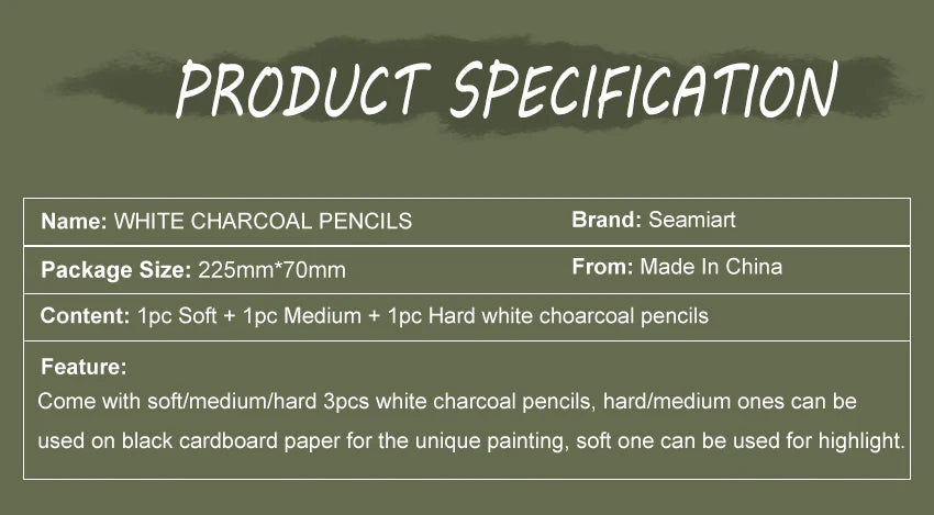 SeamiArt 3Pcs White Soft/Medium/Hard Charcoal Pencil for Sketch Carbon Pen Sketch Art Tools Office School Supplies Pencils
