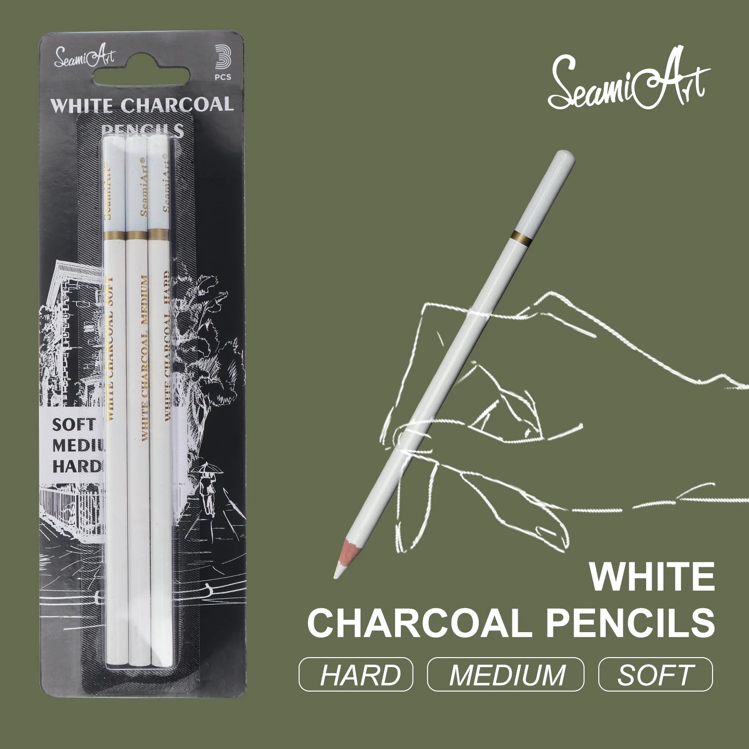 SeamiArt 3Pcs White Soft/Medium/Hard Charcoal Pencil for Sketch Carbon Pen Sketch Art Tools Office School Supplies Pencils