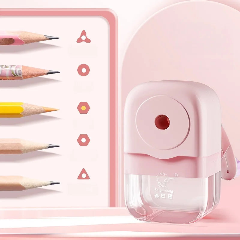Hand cranked pencil sharpener allows students to sharpen various pencil shapes. Comes with stickers for DIY study supplies