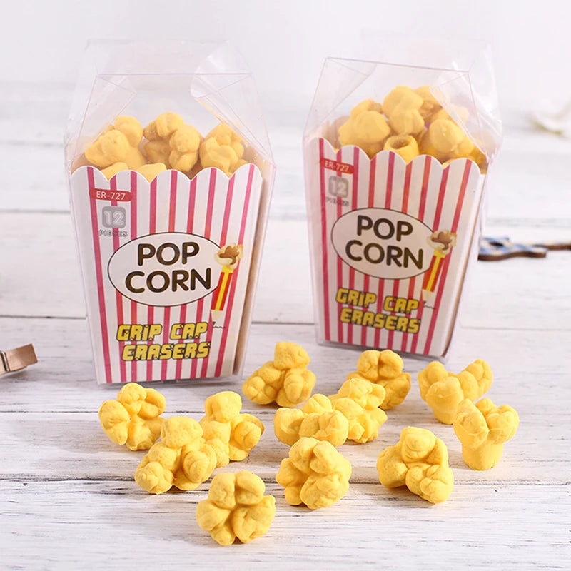 12pcs/box Cute Popcorn Shape Erasers Cute Stationery Pencil Rubbers Eraser Wipe Clean Without Leaving Marks Stationery