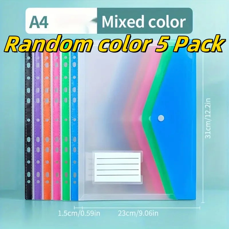 5-Pack Colorful A4 File Folders | 11-Ring Binder Pockets | Durable PP Organizer | For School, Office & Home | Secure Push-Button