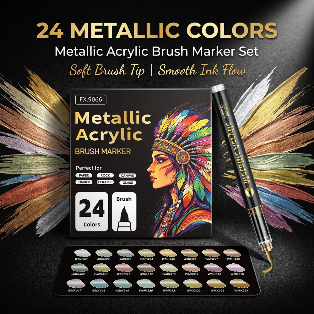 12/24/36/48 metallic acrylic markers have rich pigment, flexible brush tips, ideal for canvas, wood, glass & more art surfaces