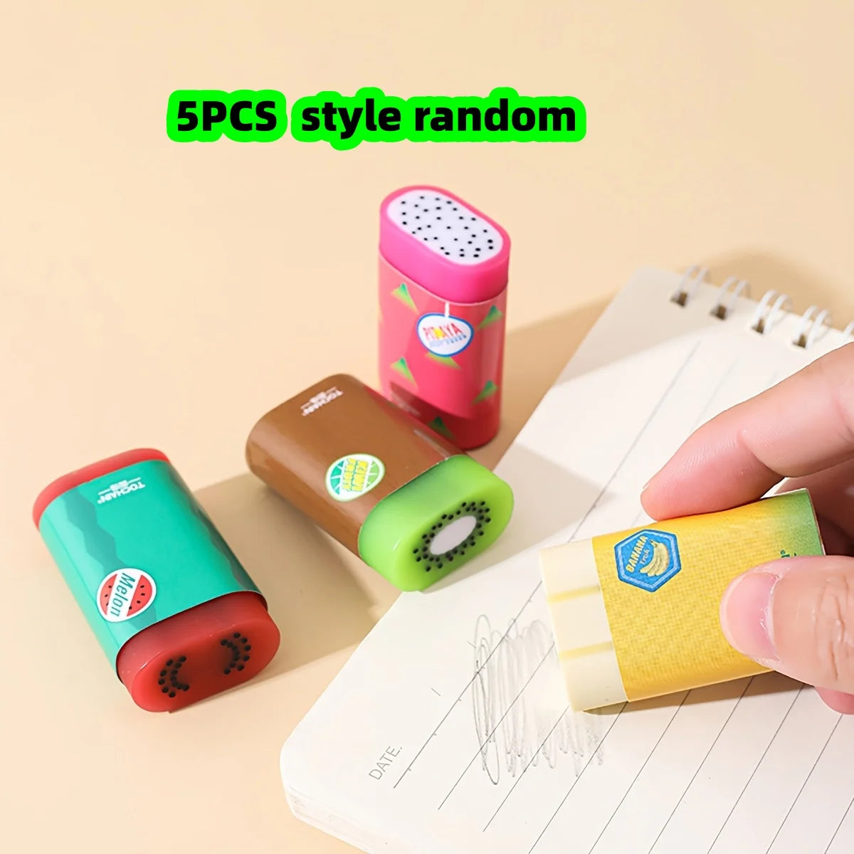 5-Piece Set of Randomly Assorted Fruit-Shaped Erasers, Cute Sandwich Fruit-Shaped Erasers for Students, Creative Erasers That Erase Cleanly Without Leaving Marks