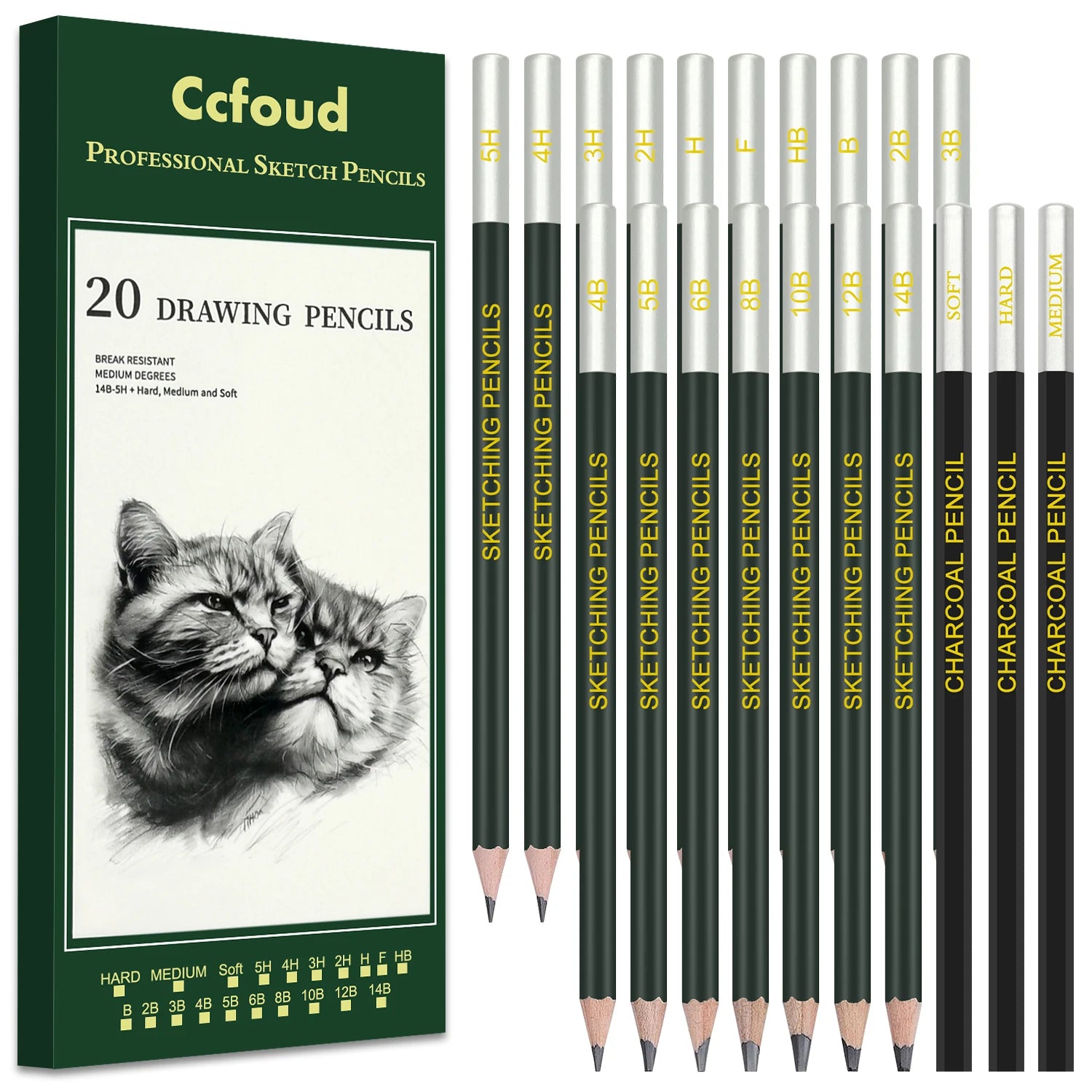 Pro Charcoal Pencils Drawing Set,6/10/12/20 PCS,Black/White Charcoal Pencils,S/M/H Charcoal Pencil for Drawing,Sketching,Shading