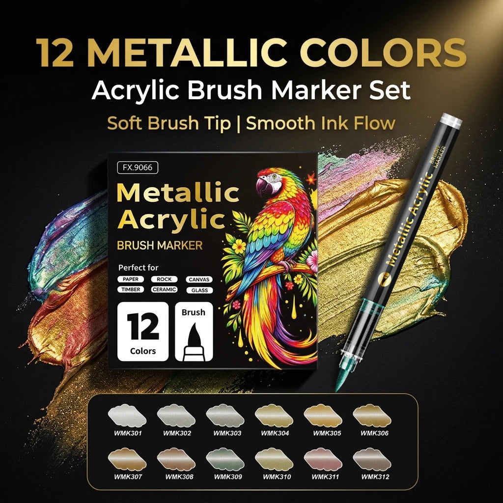 12/24/36/48 metallic acrylic markers have rich pigment, flexible brush tips, ideal for canvas, wood, glass & more art surfaces