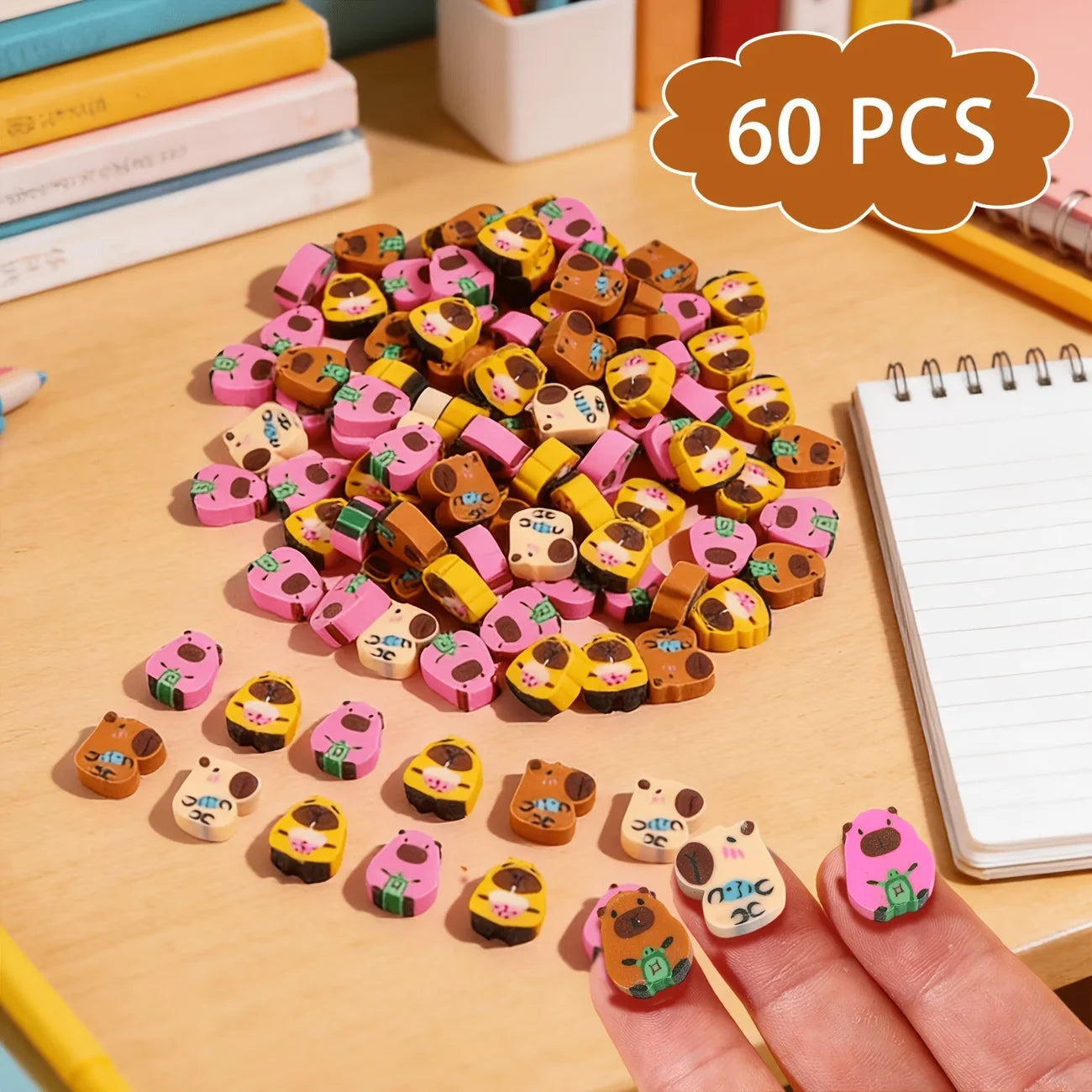 60 mini capybara-shaped erasers, with cute and mini designs, are perfect for classroom, home and school rewards