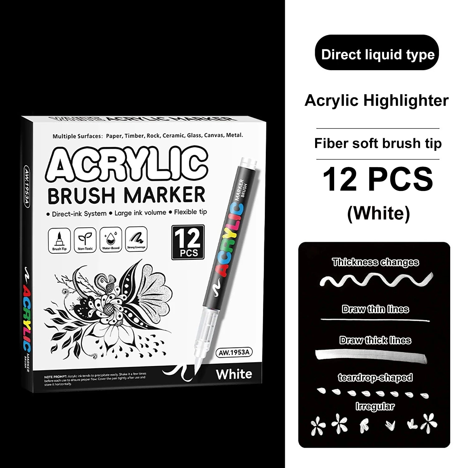 Acrylic Paint Markers Brush Tip, 12 pcs soft tip black & white acrylic marker with Direct-Liquid Ink Control System, Canvas, etc