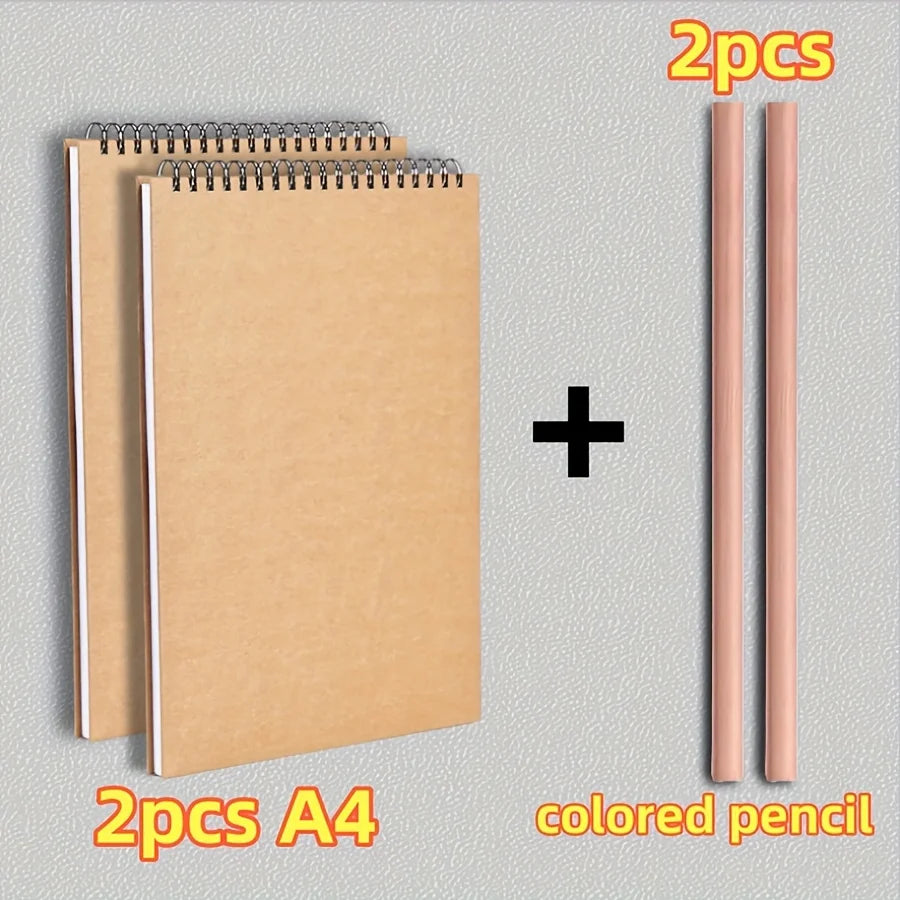 A4/16K/A5/A6 Two Sketchbooks + Two Colored Pencils, Top Spiral Binding, 30 Sheets Each, Perfect for Drawing Kits, Writing Artist