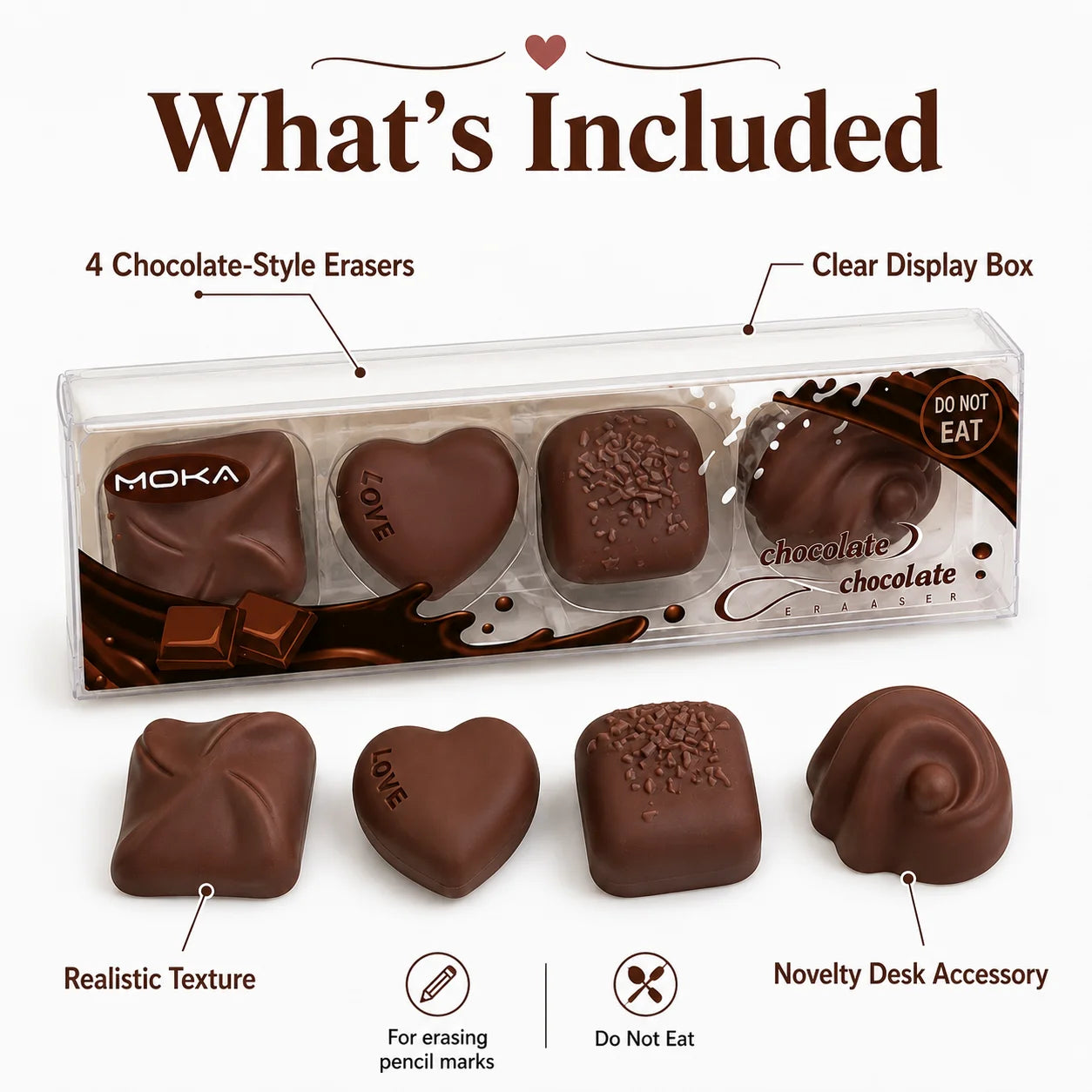 Simulated chocolate eraser with fun, few shavings, big blocks, clean thoroughly, pencil eraser, creative student stationery
