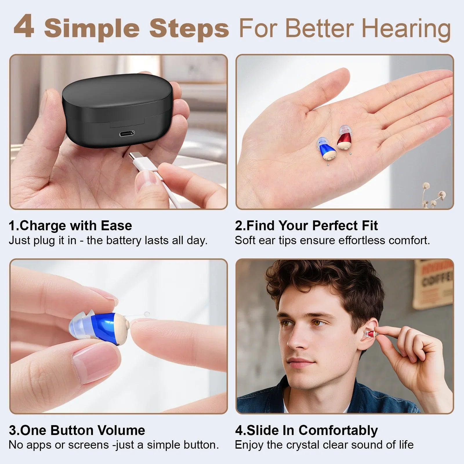 Hearing Amplifiers Earbuds with Noise Reduction, Rechargeable Digital Sound Enhance Headphones, Hearing Aids for Adults.