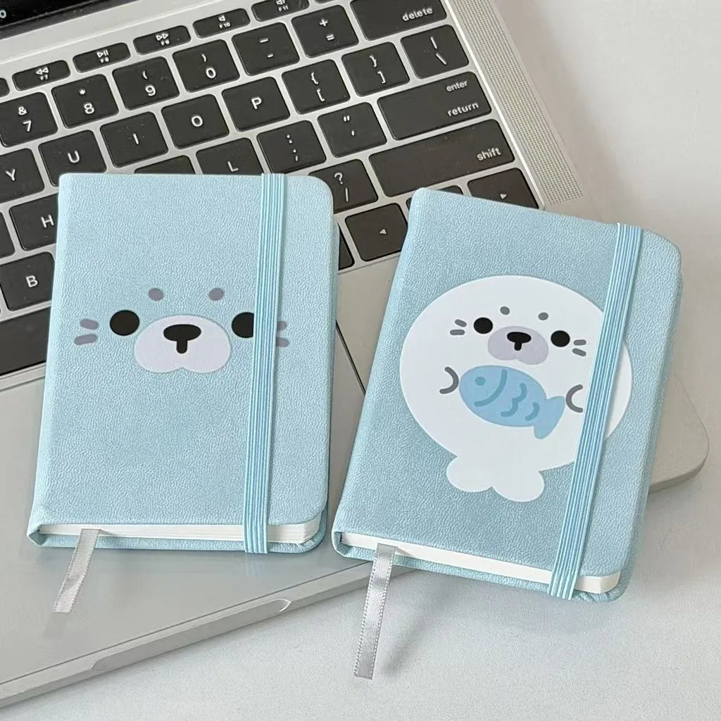 New Cartoon Seals Kawaii Notebook Soft School Supplies Blue Cute Animal Diary Book Leather Daily Planner Ribbon Kids Stationery