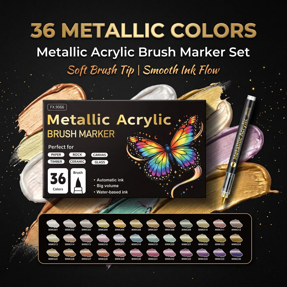 12/24/36/48 metallic acrylic markers have rich pigment, flexible brush tips, ideal for canvas, wood, glass & more art surfaces