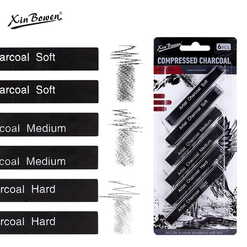 Graphite Sketch Wood Carbon Strip Set, Art Student Painting, Charcoal Pencil, Solid, Wholesale, 6Pcs