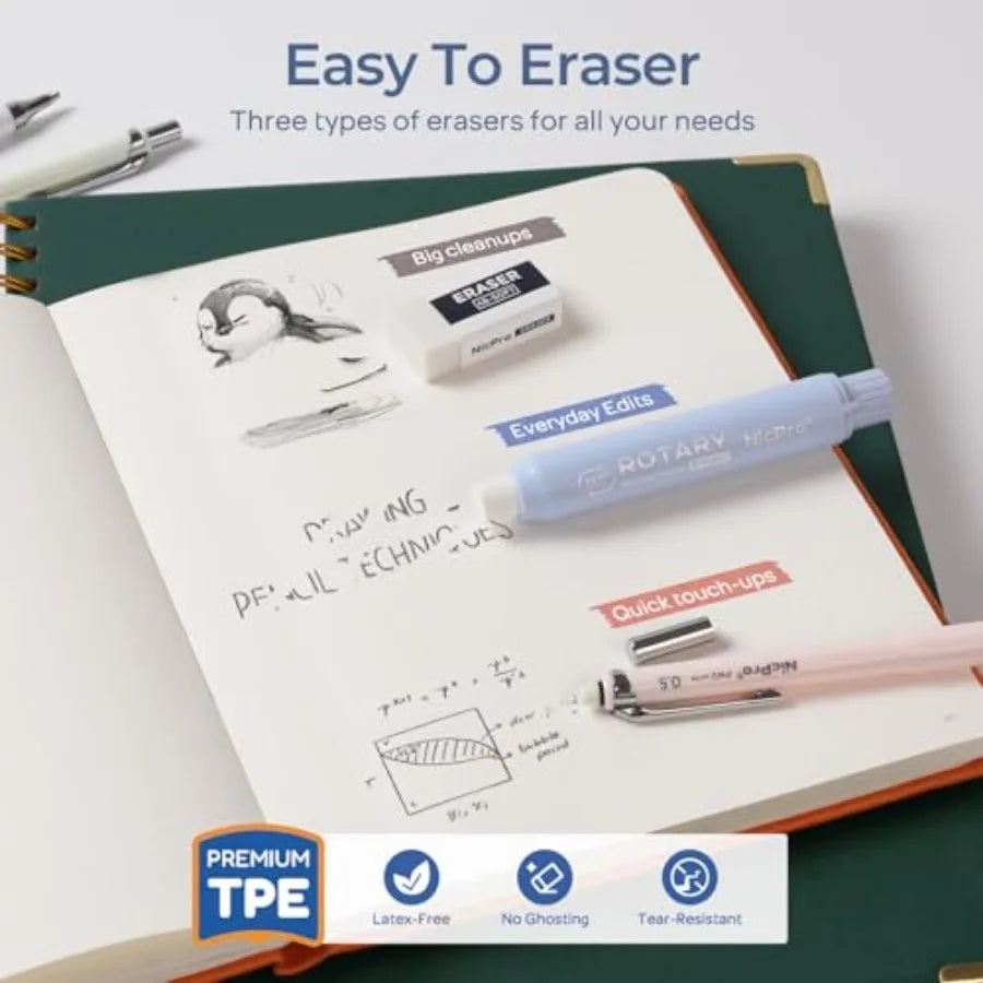 Cute Mechanical Pencil Set, 4PCS Pastel Drafting Pencils with 4 Tube HB Lead Refills, 4B Erasers, Rotary Retractable Eraser and