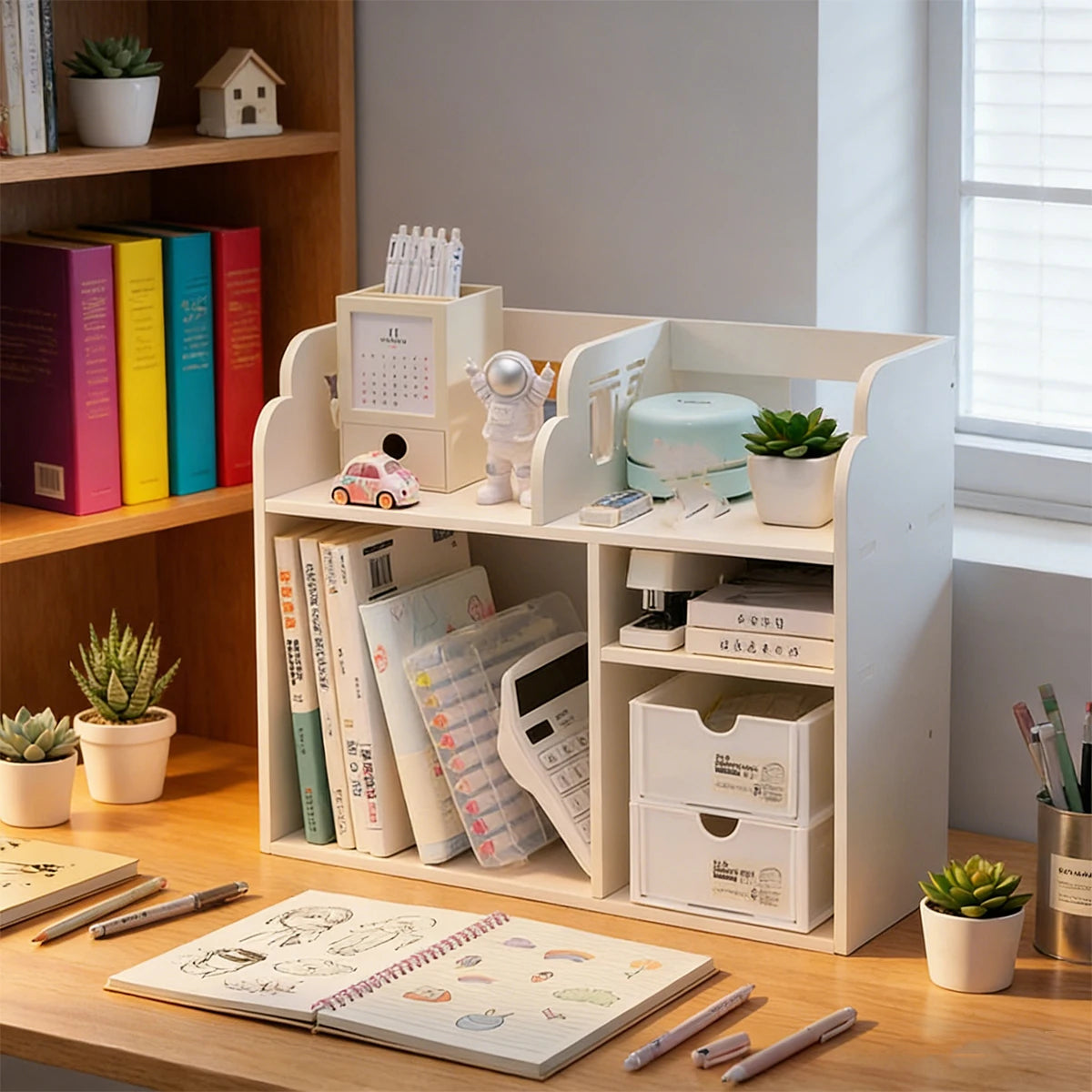 Desk Organizer Shelf, White Desktop Storage Rack with Drawers for Office Stationery Books Cosmetics Supplies Organizer
