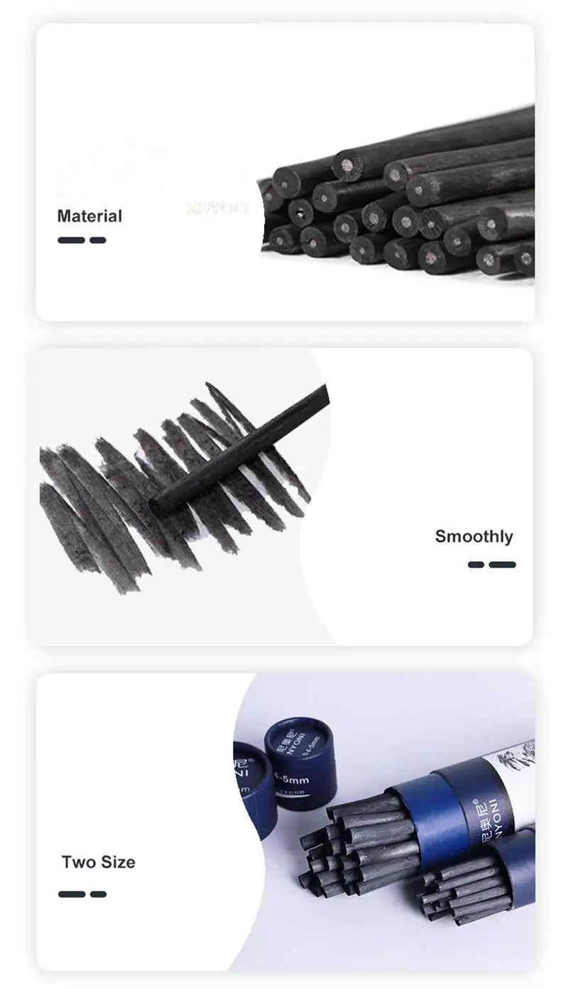 25Pcs Willow Charcoal Stick Design Sketch Black Fine Bar Carbon Stick φ4-5MM φ7-9MM For Extra Thick Painting Art Supplies