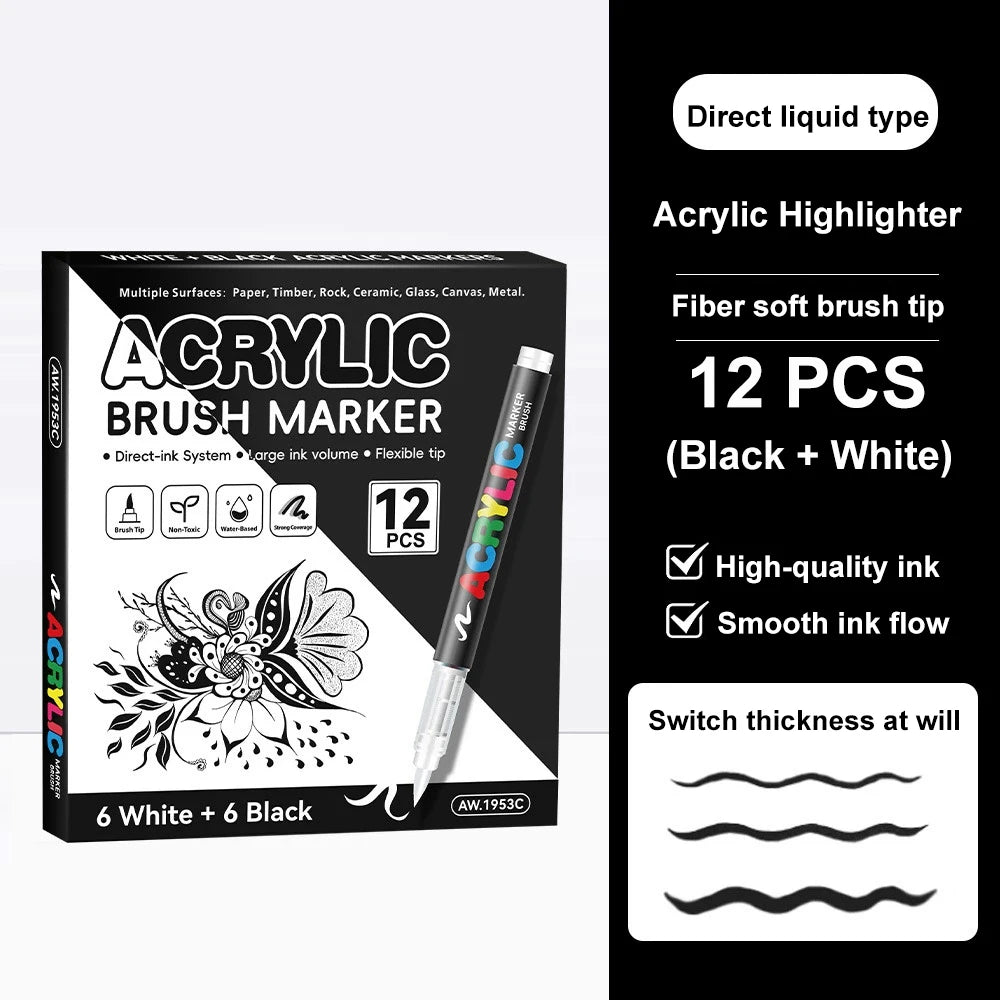 Acrylic Paint Markers Brush Tip, 12 pcs soft tip black & white acrylic marker with Direct-Liquid Ink Control System, Canvas, etc