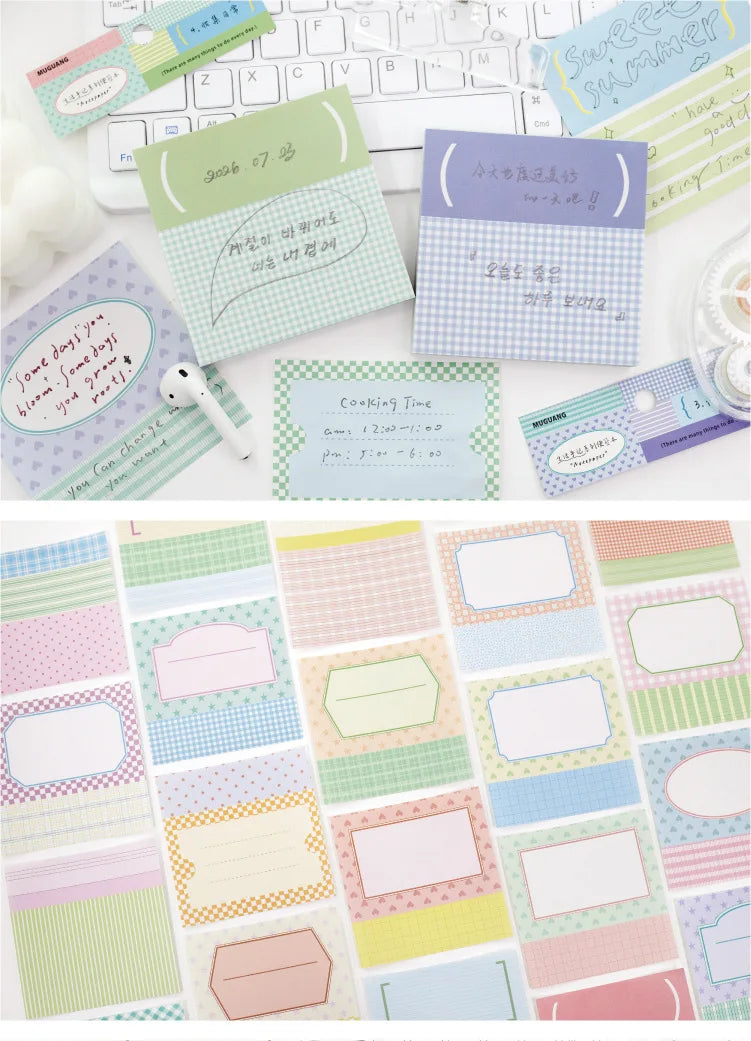 100 Sheets Grid White Kraft Paper Notepad, Pastel Plaid Memo Notes, Self‑adhesive Sticky Notes for Journal Planner School Office