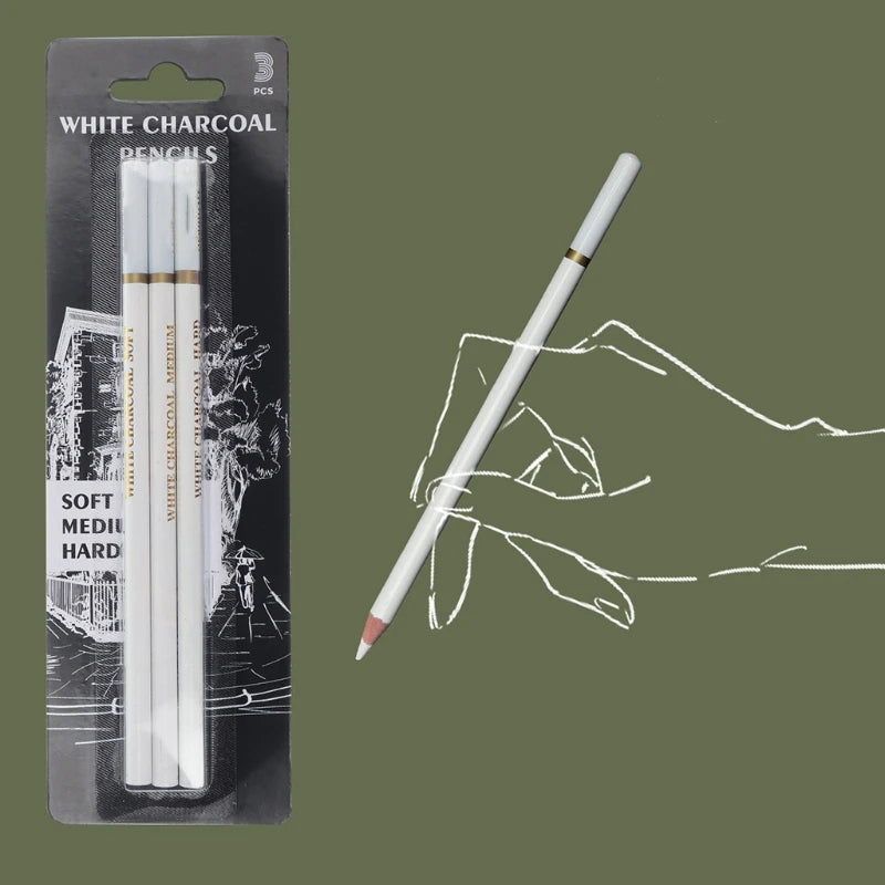 3 Pcs White Sketch Charcoal Pencils Soft/Medium/Hard White Charcoal Wooden Pencils for Artist Drawing Sketching Blending 24BB