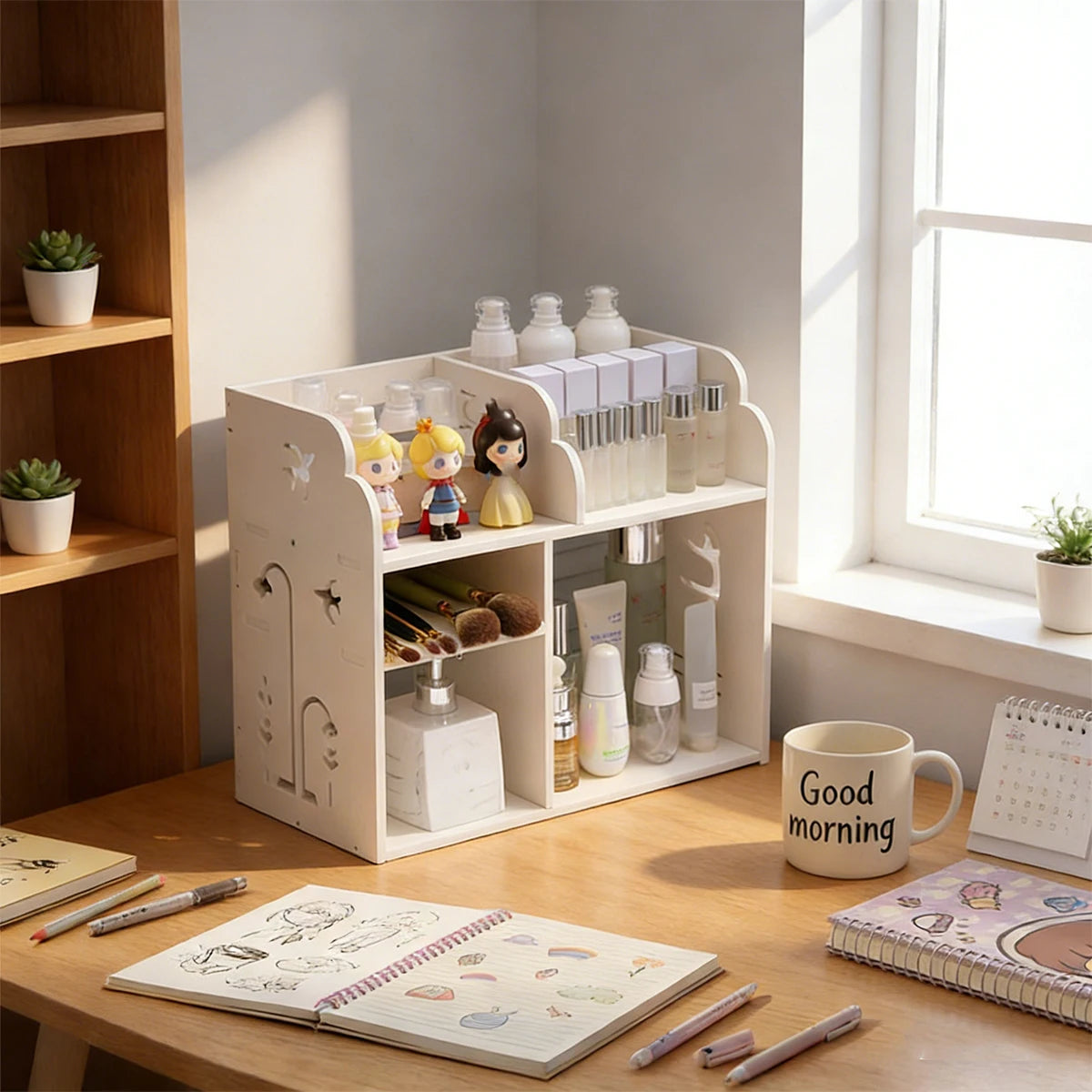Desk Organizer Shelf, White Desktop Storage Rack with Drawers for Office Stationery Books Cosmetics Supplies Organizer