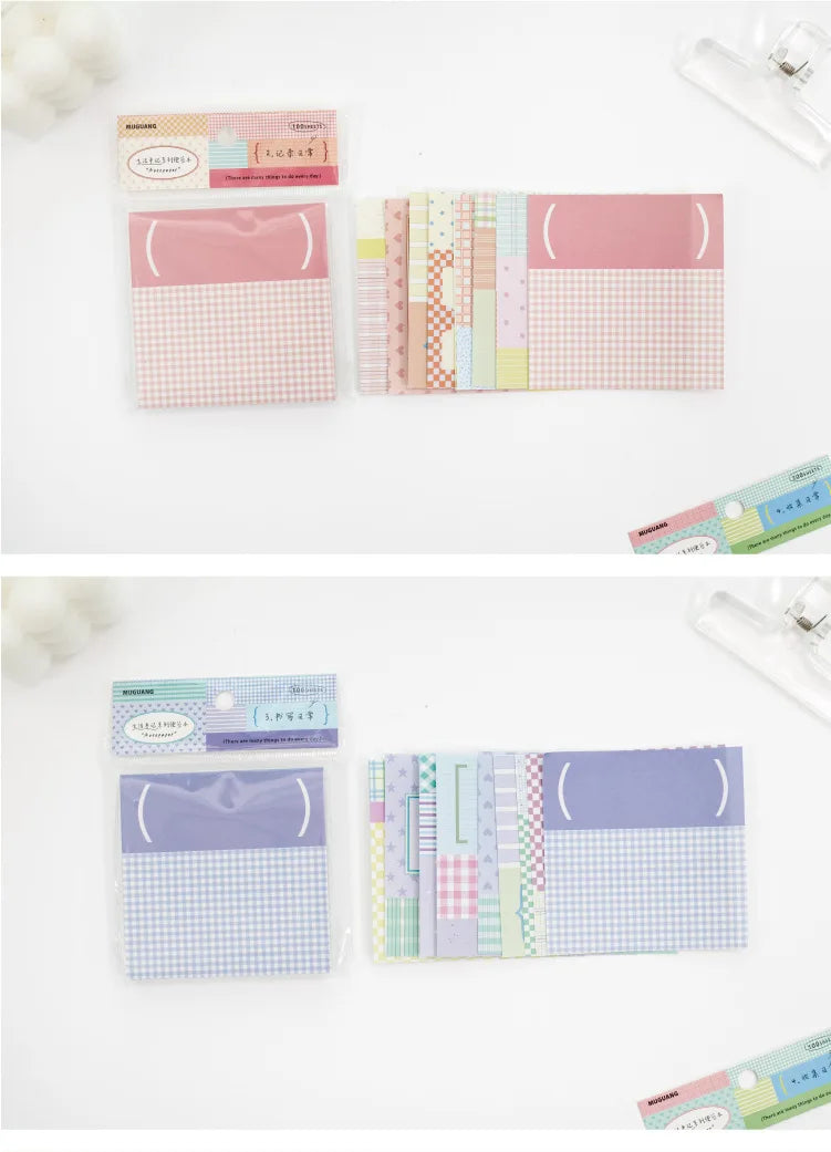 100 Sheets Grid White Kraft Paper Notepad, Pastel Plaid Memo Notes, Self‑adhesive Sticky Notes for Journal Planner School Office