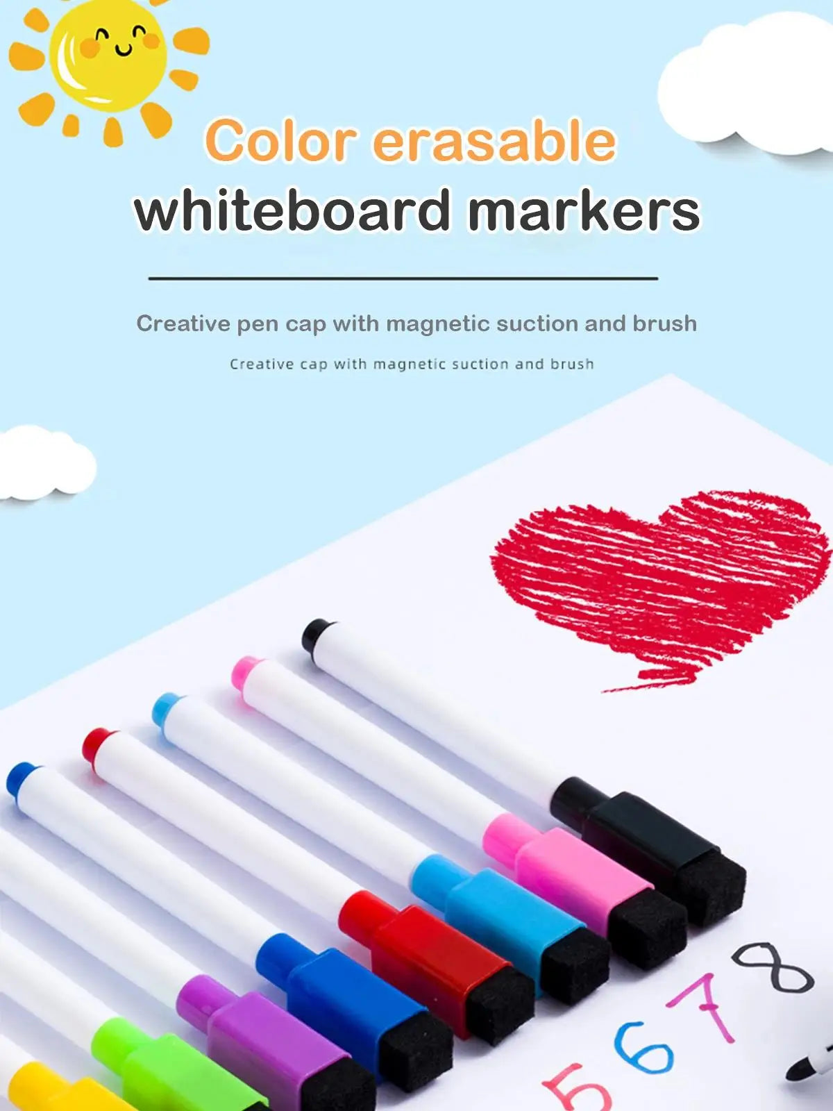 8 Pcs Magnetic Erasable Whiteboard Pen Color Options Numbering Stationery Office Teaching Supplies For Blackboard Student Note