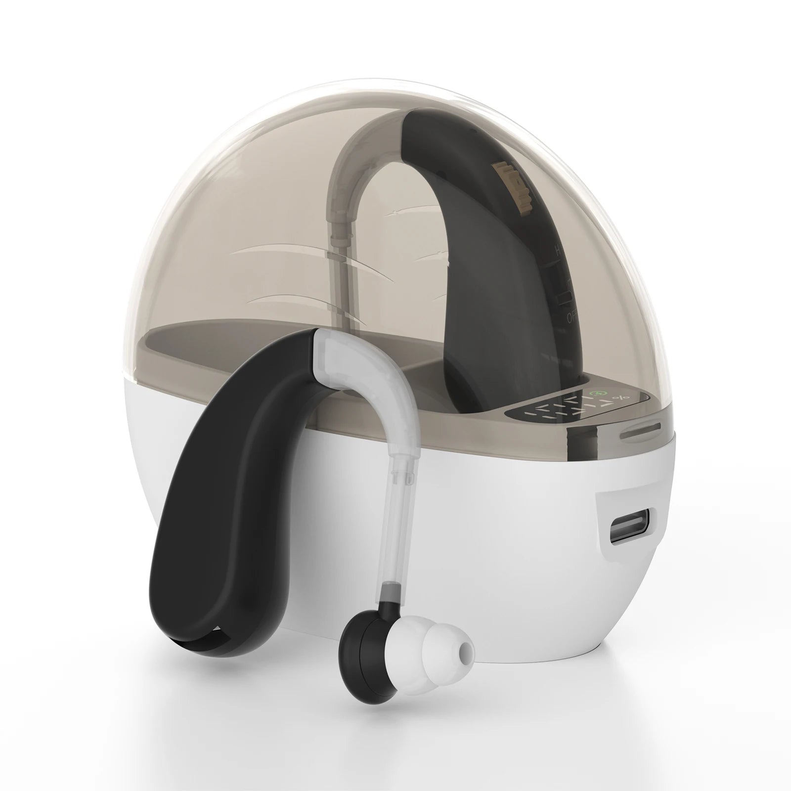 Auxiliary headphones, sound amplifier, noise reduction, adjustable volume, hanging ear with charging case