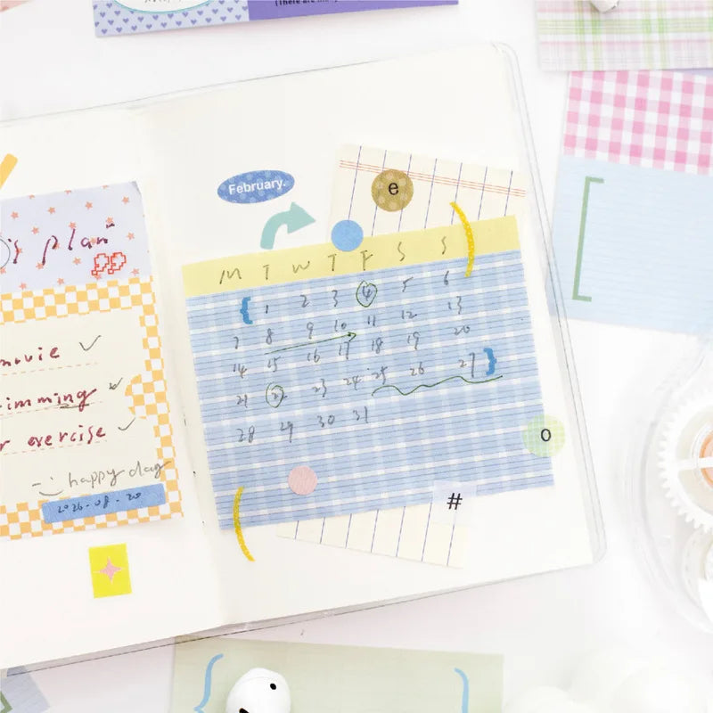 100 Sheets Grid White Kraft Paper Notepad, Pastel Plaid Memo Notes, Self‑adhesive Sticky Notes for Journal Planner School Office