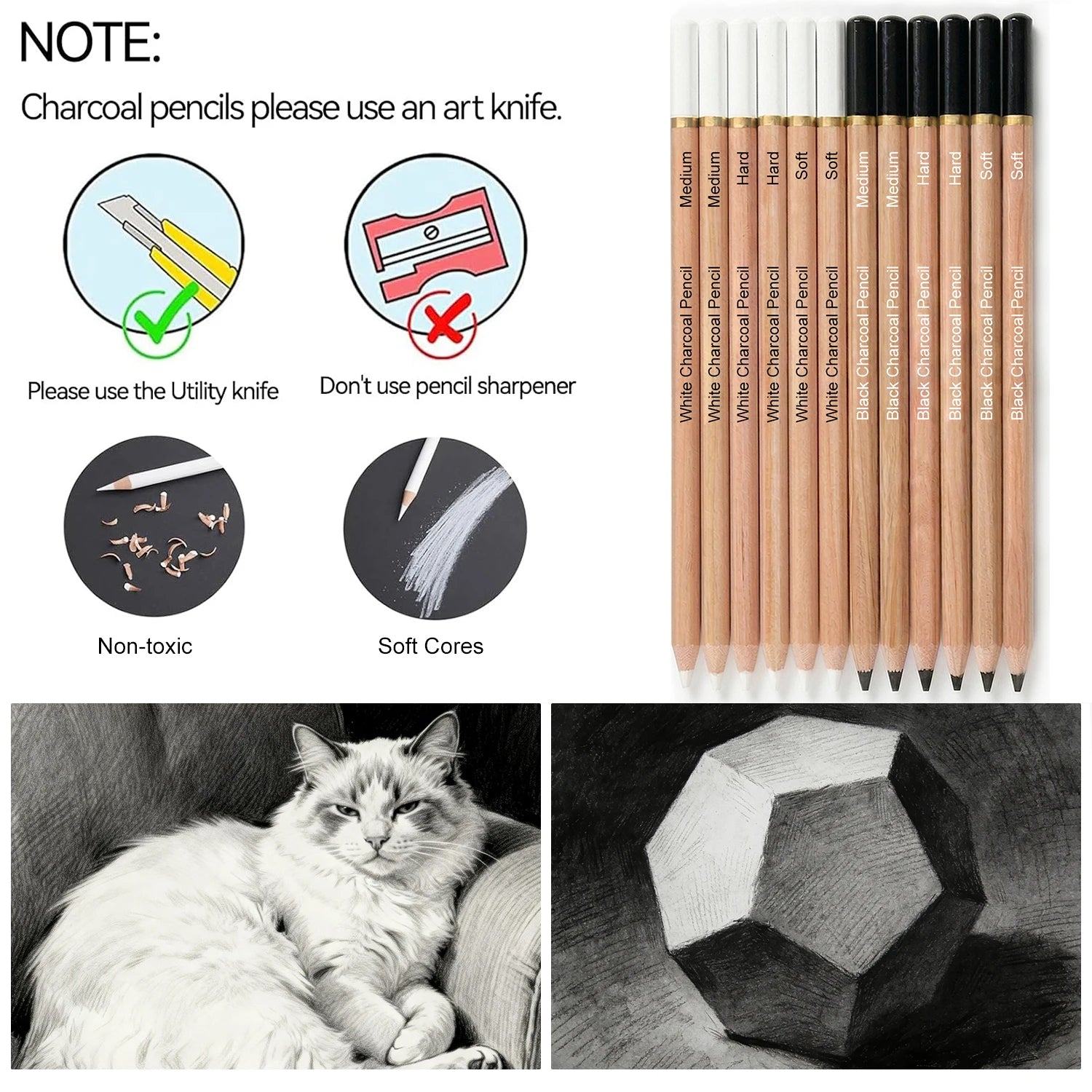 Pro Charcoal Pencils Drawing Set,6/10/12/20 PCS,Black/White Charcoal Pencils,S/M/H Charcoal Pencil for Drawing,Sketching,Shading