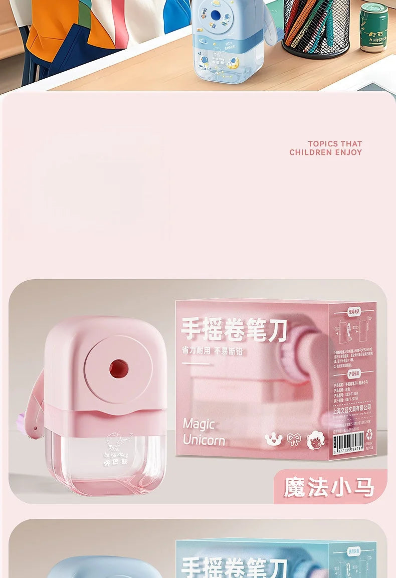 Hand cranked pencil sharpener allows students to sharpen various pencil shapes. Comes with stickers for DIY study supplies