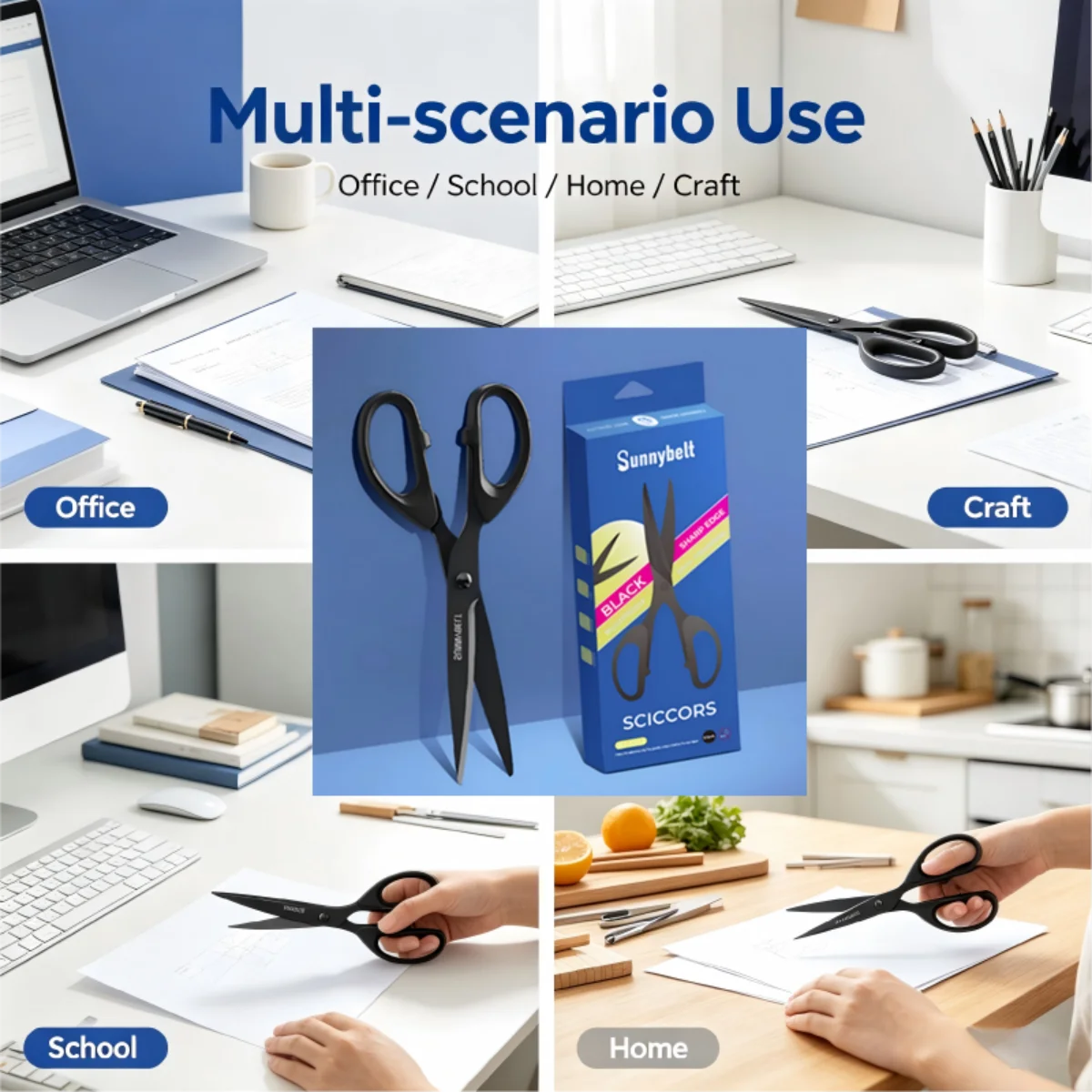 Sharp Black Cutting Scissors Thickened Steel Blade Comfort Resin Handle Multipurpose Office School Household Craft Tools