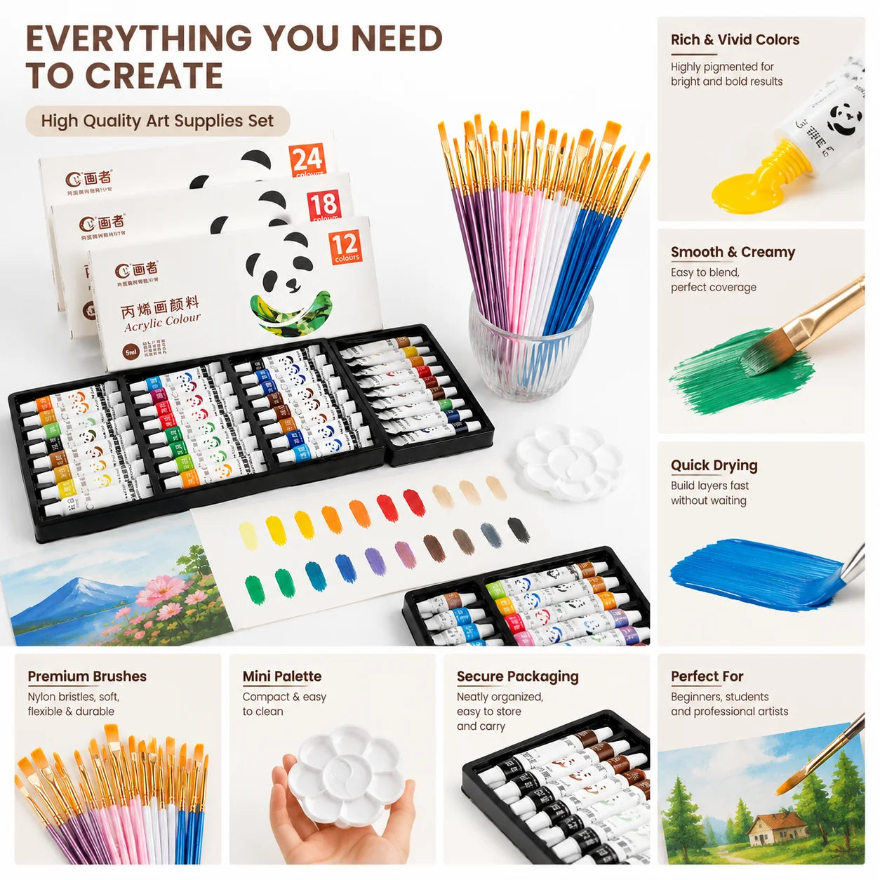 12/18/24-Color Acrylic Paint Set, Including 10 Painting Brushes with Mini Palette Multi-Functional Professional Art Painting Kit