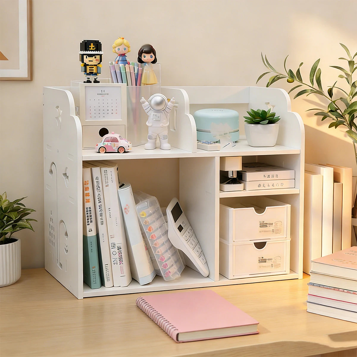 Desk Organizer Shelf, White Desktop Storage Rack with Drawers for Office Stationery Books Cosmetics Supplies Organizer
