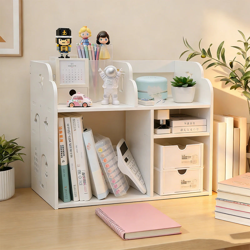Desk Organizer Shelf, White Desktop Storage Rack with Drawers for Office Stationery Books Cosmetics Supplies Organizer