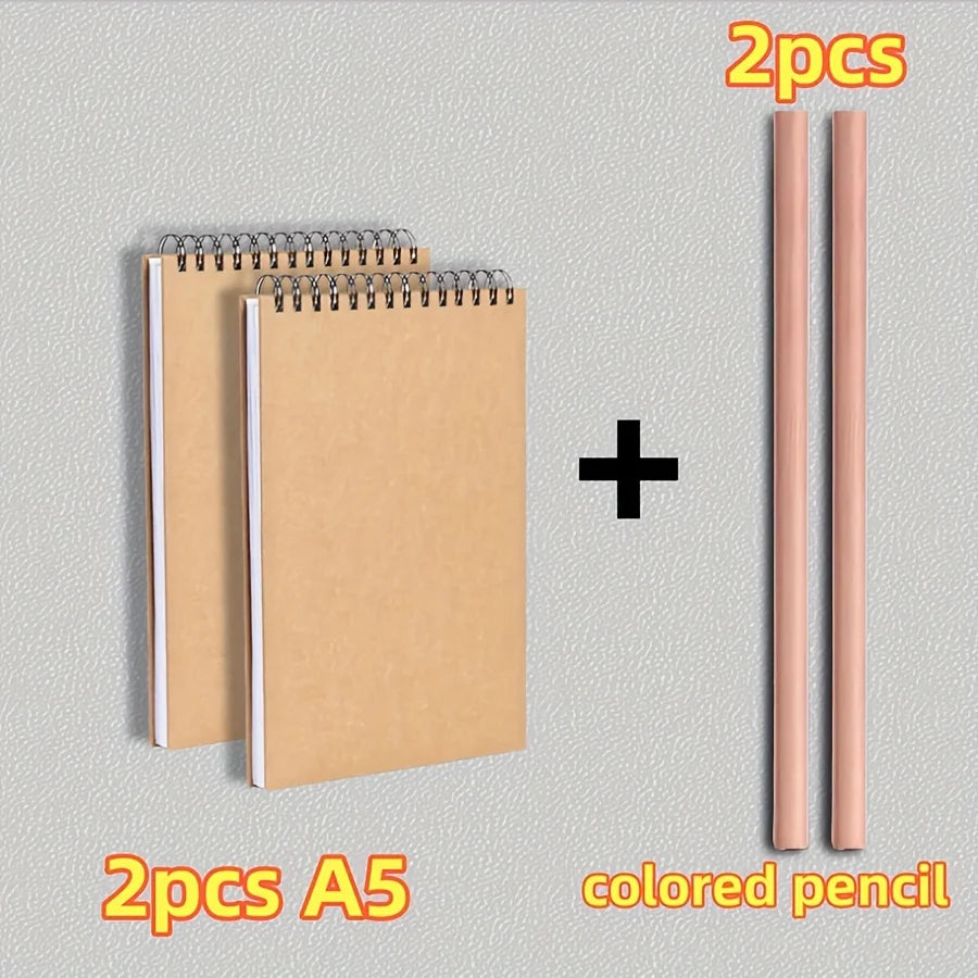 A4/16K/A5/A6 Two Sketchbooks + Two Colored Pencils, Top Spiral Binding, 30 Sheets Each, Perfect for Drawing Kits, Writing Artist