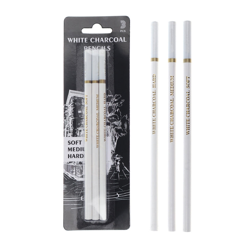 3 Pcs White Sketch Charcoal Pencils Soft/Medium/Hard White Charcoal Wooden Pencils for Artist Drawing Sketching Blending 24BB