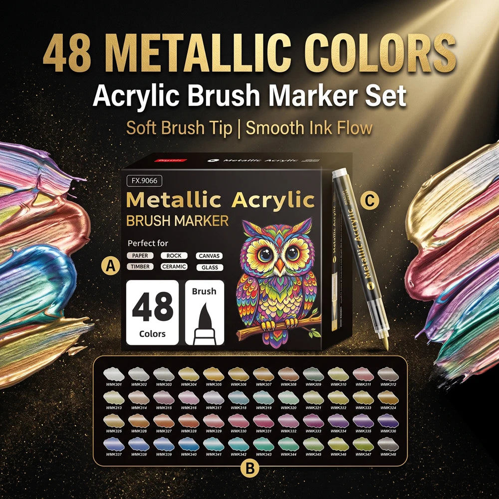 12/24/36/48 metallic acrylic markers have rich pigment, flexible brush tips, ideal for canvas, wood, glass & more art surfaces