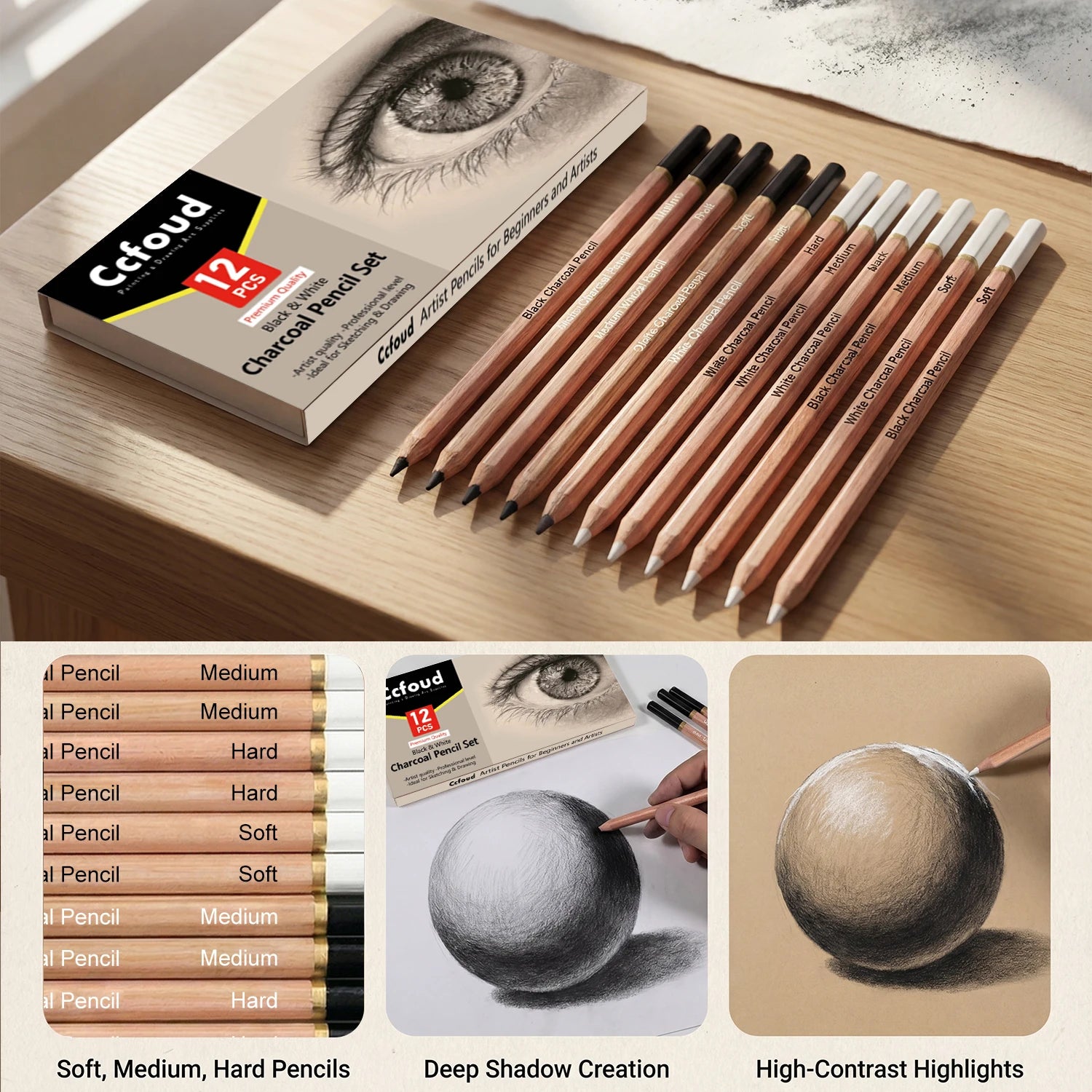 Pro Charcoal Pencils Drawing Set,6/10/12/20 PCS,Black/White Charcoal Pencils,S/M/H Charcoal Pencil for Drawing,Sketching,Shading