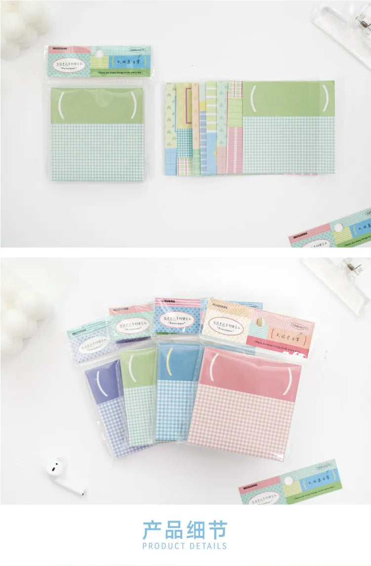 100 Sheets Grid White Kraft Paper Notepad, Pastel Plaid Memo Notes, Self‑adhesive Sticky Notes for Journal Planner School Office