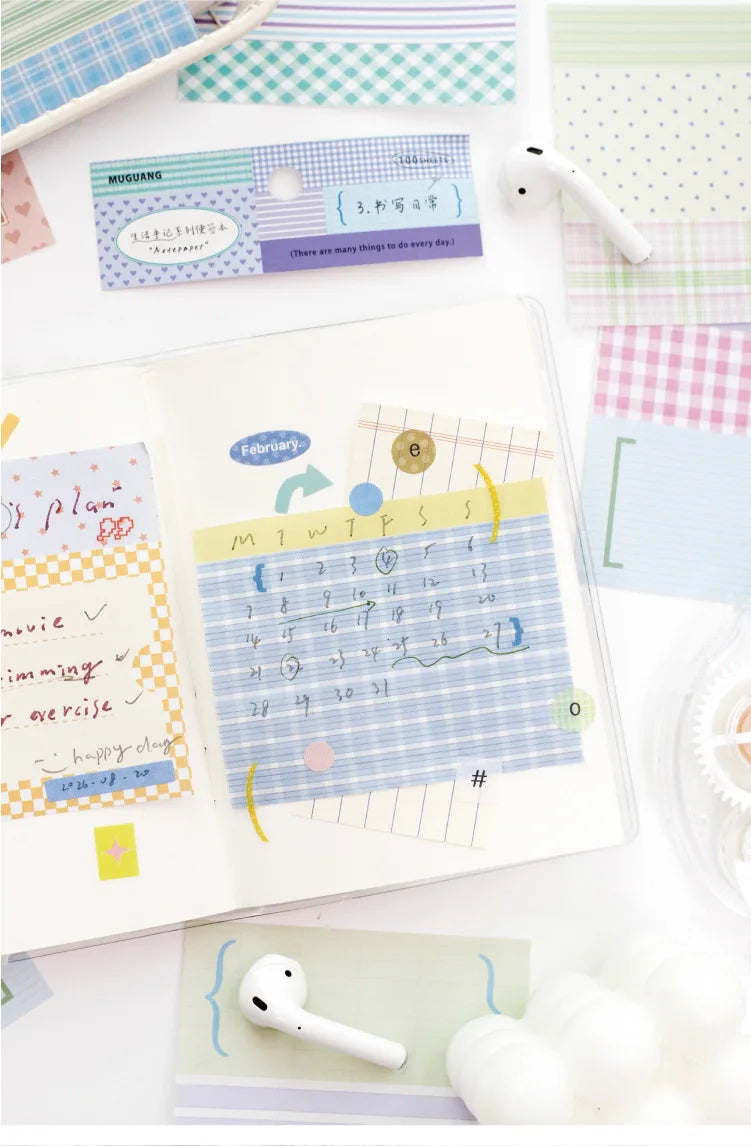 100 Sheets Grid White Kraft Paper Notepad, Pastel Plaid Memo Notes, Self‑adhesive Sticky Notes for Journal Planner School Office