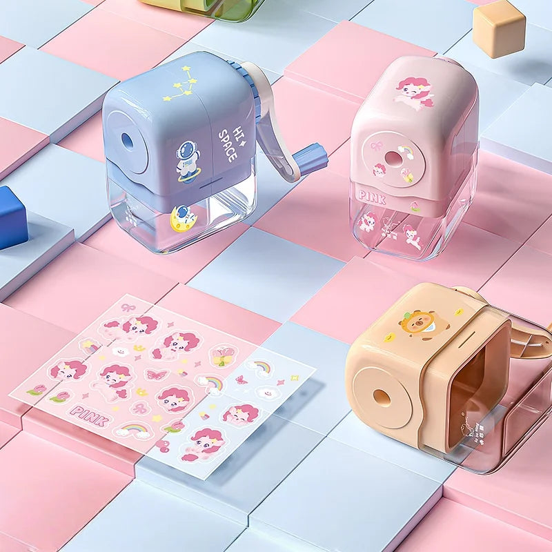 Hand cranked pencil sharpener allows students to sharpen various pencil shapes. Comes with stickers for DIY study supplies