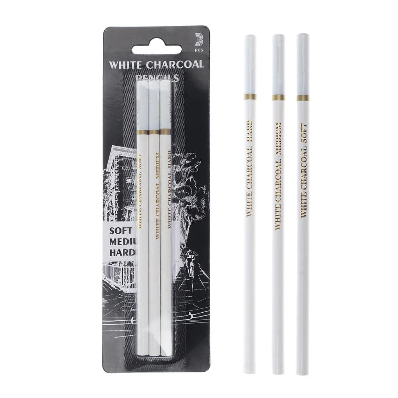 3 Pcs White Sketch Charcoal Pencils Soft/Medium/Hard White Charcoal Wooden Pencils for Artist Drawing Sketching Blending 24BB