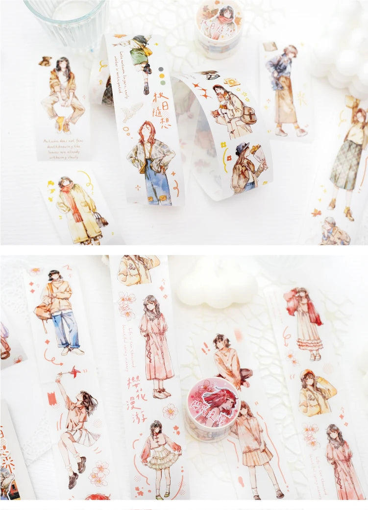 Journal Go 4.5x200cm Four Seasons Girl Tape DIY Scrapbooking Decor Photo Album Collage Junk Journal Planner Aesthetic Stickers