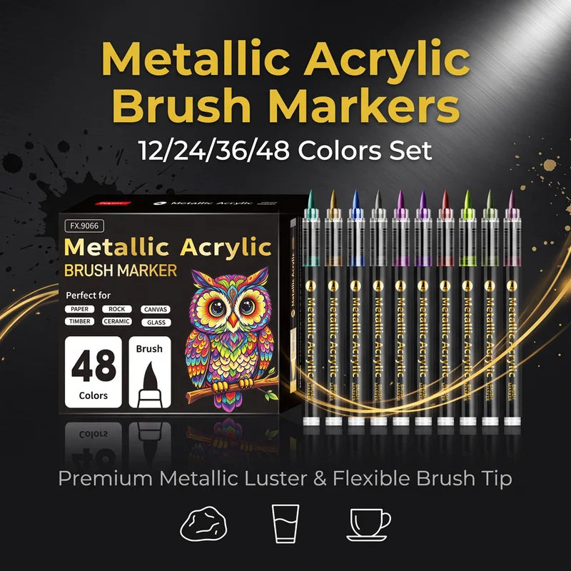12/24/36/48 metallic acrylic markers have rich pigment, flexible brush tips, ideal for canvas, wood, glass & more art surfaces
