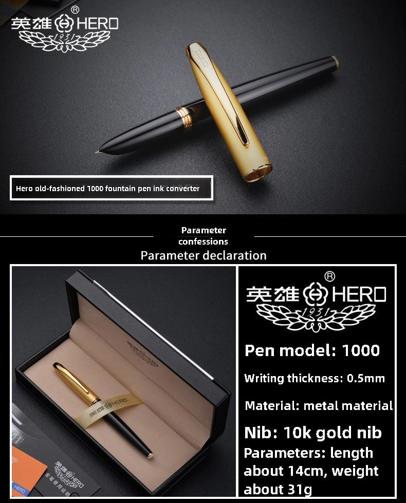 HERO Pen 1000 Retro 10K Gold Pen Classic Old Style Squeezing Ink Absorbing Adult Writing Practice Office Business Gift Ink Pen