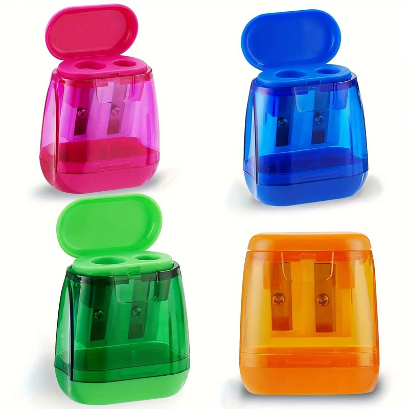 4PCS Dual-Hole Pencil Sharpeners with Lid and Shavings Container, Portable Manual Sharpener Set for Colored Pencils.