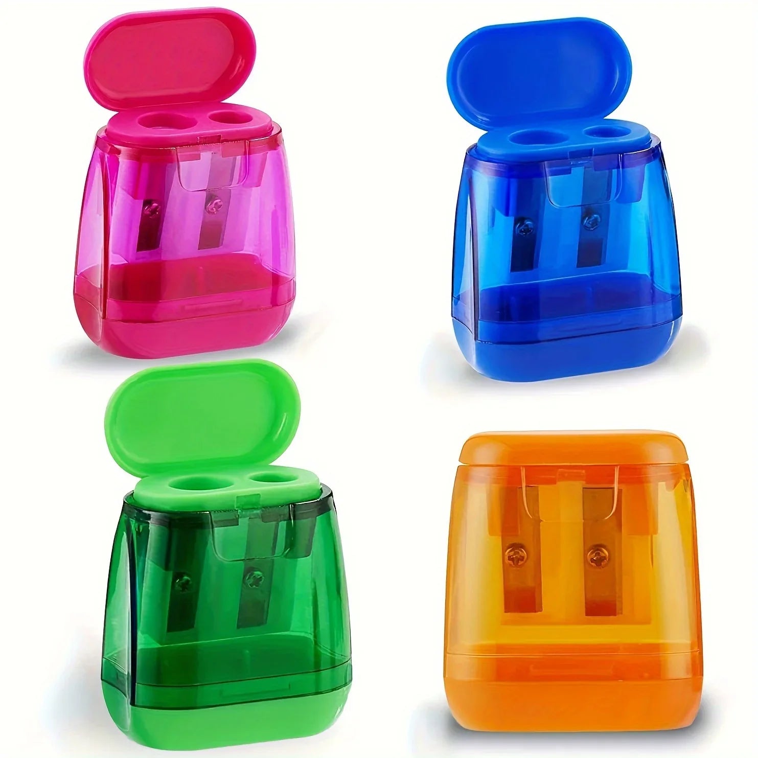 4PCS Dual-Hole Pencil Sharpeners with Lid and Shavings Container, Portable Manual Sharpener Set for Colored Pencils.