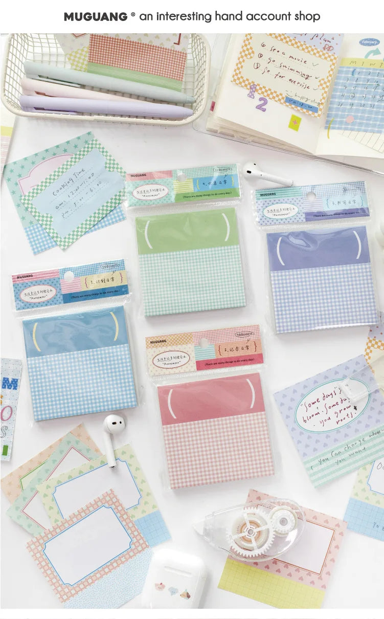 100 Sheets Grid White Kraft Paper Notepad, Pastel Plaid Memo Notes, Self‑adhesive Sticky Notes for Journal Planner School Office
