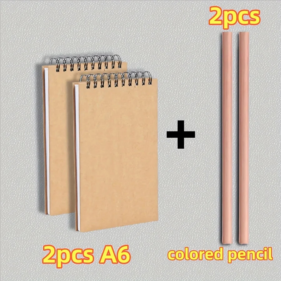 A4/16K/A5/A6 Two Sketchbooks + Two Colored Pencils, Top Spiral Binding, 30 Sheets Each, Perfect for Drawing Kits, Writing Artist